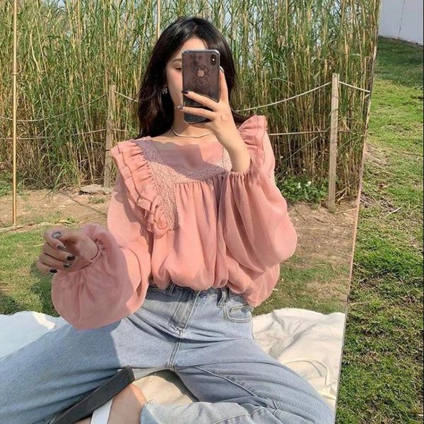 

women's t-shirt ruffled chiffon shirt western style design sense niche puff sleeveshirt sweet temperament elegant tshirt 2021 summer, White