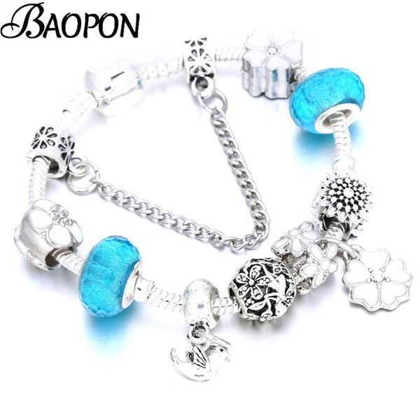 

flower & bird charm bracelets bangle silver color jewelry for women fit crystal fine bracelet pulseras, Golden;silver