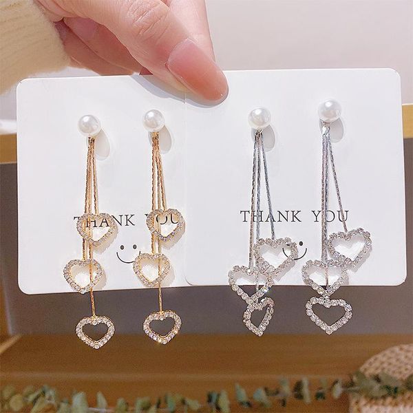 

stud fashion temperament crystal 3 hollow heart pendant long chain earrings elegant initation pearl geometric earring for women girls, Golden;silver