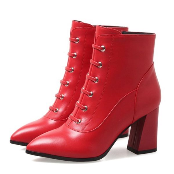 

boots ol'women winter leather ankle cross-tied boots high-heeled shoes pointed to black toe red female size eua 4-10 zual
