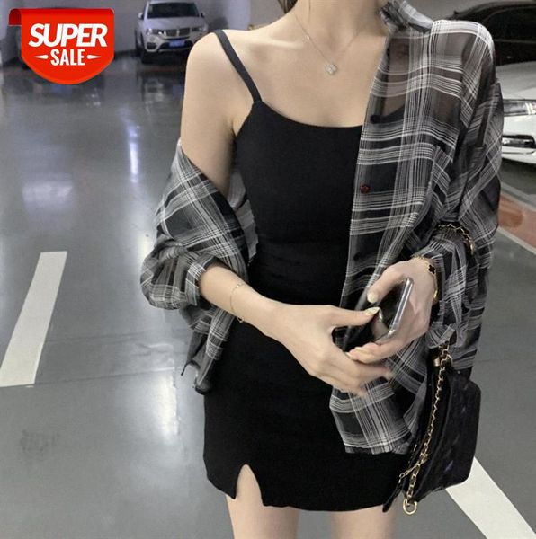 

thin chiffon check sunscreen shirt + slim suspender skirt #oq1n, Black