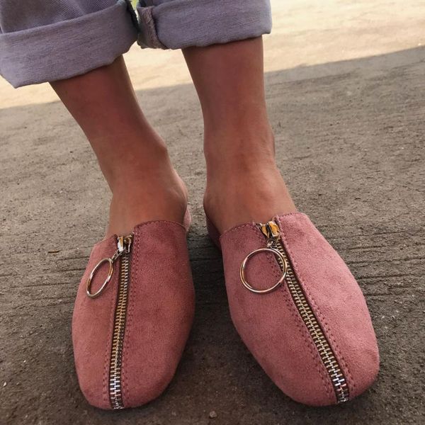 

slippers zipper low square heel outside fashion women classics slides elegant sweet summer shoes flock solid, Black
