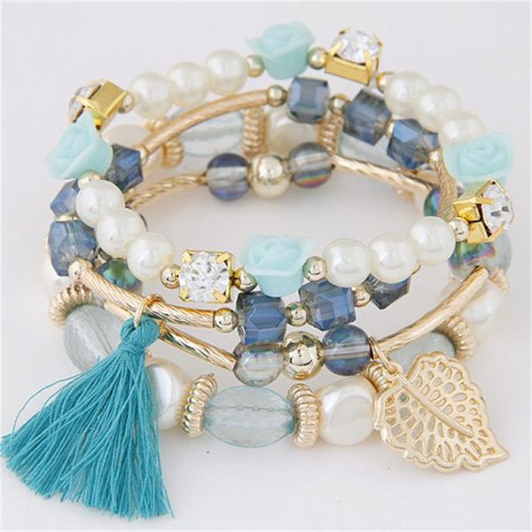 

beaded, strands europe metal crystal beads pearls flowers leaves all-match temperament tassel multi-layer braided bracelet female bangles, Black