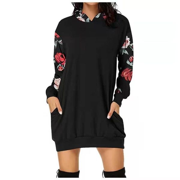 

casual dresses women's fashion printed splicing loose pocket long sleeve sports dress hooded warm simple sweatshirt vintage vestido, Black;gray