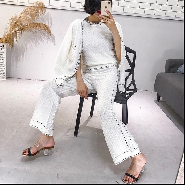 

knit costumes 3 pieces women tracksuits sets knitted cardigans coats t shirt sweaters wide leg pants suits for woman, Gray
