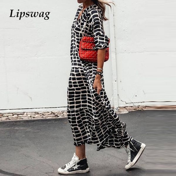 

2021 summer v neck a-line loose dresses casual long sleeve pleated maxi dress vintage spring leopard women long party dresshigh quality, Black;gray