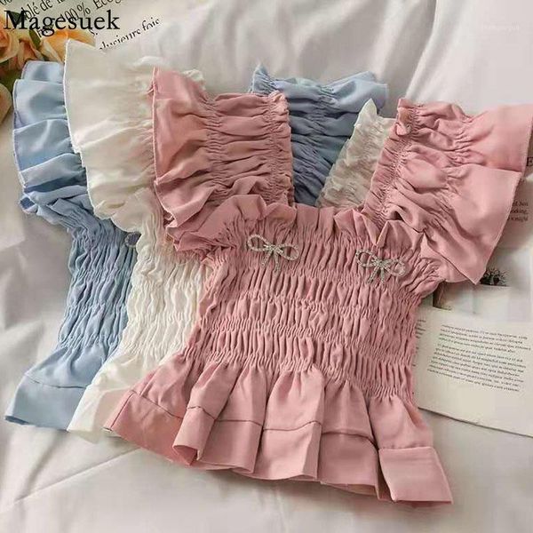

women's blouses & shirts fashion pleated elastic shirt summer 2021 handmade rhinestone bow lace blouse women short solid color all-matc, White