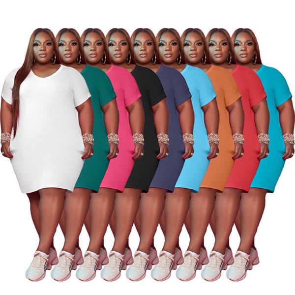 

plus size women midi party dresses casual solid color 3xl 4xl 5xl skirts summer dress fashion elegant short sleeve clothes 5434, Black