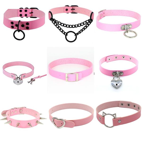 

chokers gothic punk rock necklace pu leather heart lock key round spike collar choker body accessories for women, Golden;silver