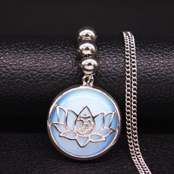 

moonstone stainless steel statement necklace for women buddha lotus yoga chain jewelry collier femme n20282 pendant necklaces, Silver