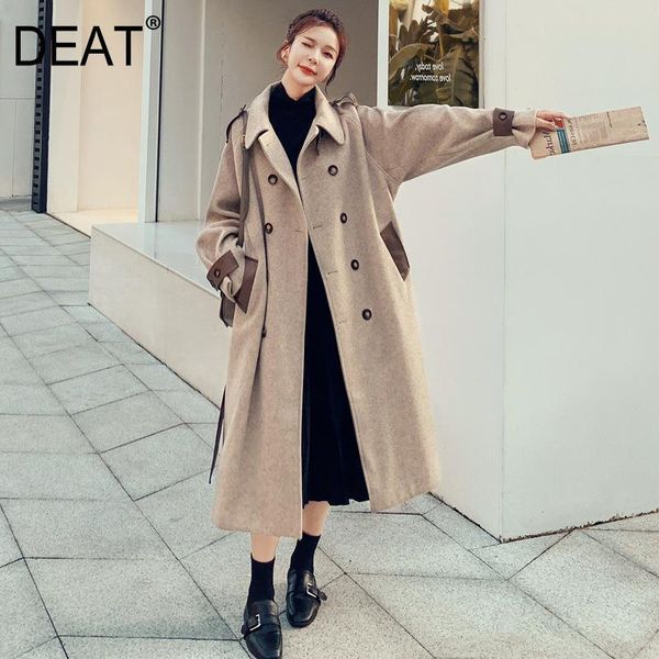 

women's wool & blends deat woolen coat women pu leather belt casual full sleeve lapel long length classic vintage style autumn fashion, Black
