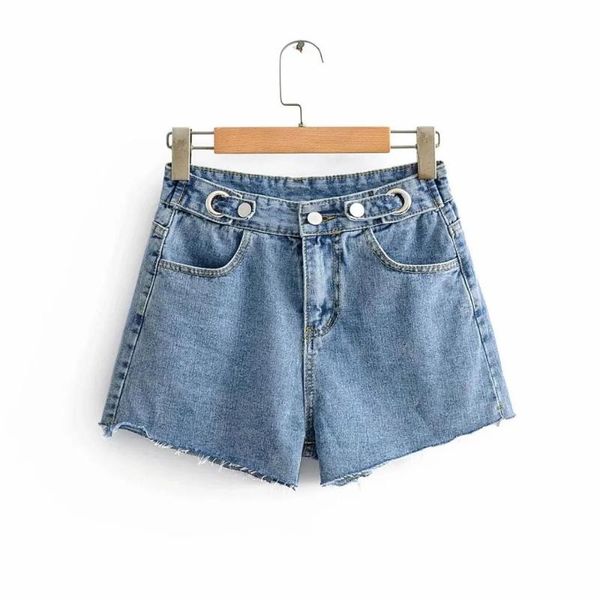 

women's jeans fashion wear: high waist short with metal buttons on both sides, Blue
