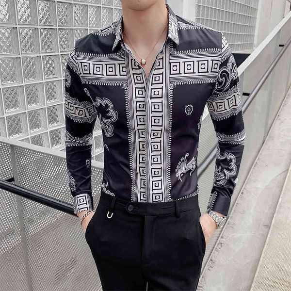 

men's casual shirts retro dragon print men shirt long sleeve fashion slim fit dress night club party social streetwear camisa rw9b, White;black