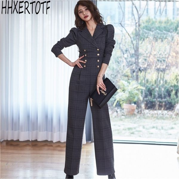 

spring autumn high-end temperament ol plaid jumpsuit double breasted high waist professional fashion jumpsuit 210531, Black;white