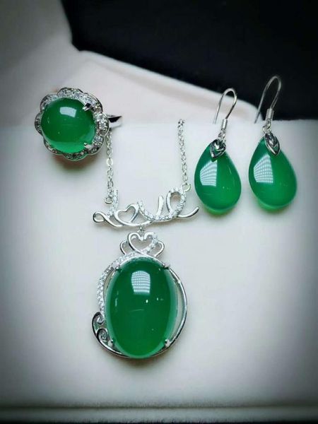 

bracelet, earrings & necklace c14#925 silver inlaid natural chalcedony set, the jade face is clean and translucent, Black
