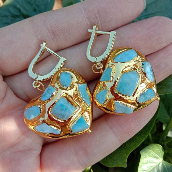 Y·YING Larimar blu naturale Orecchini pendenti a leva pendenti a forma di cuore color oro giallo placcato