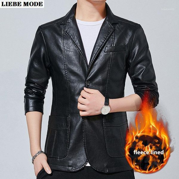 

men's fur & faux leather blazer with fleece inside business casual single breasted pu suit jacket men warm lined thick slim homme 5xl, Black