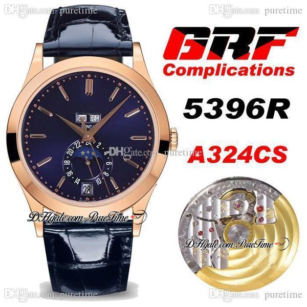 

grf complications annual calendar 5396r a324cs automatic mens watch rose gold blue dial stick markers moon phase leather strap super edition, Slivery;brown