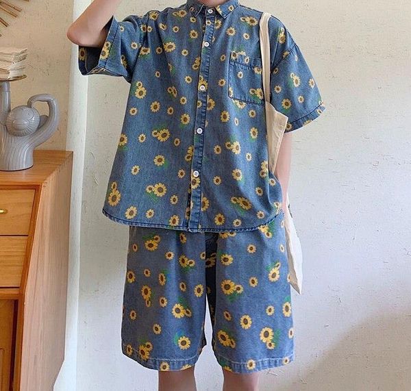 

summer denim shirt sunflower women tracksuits pattern turn down collar shirts printed shorts, Gray