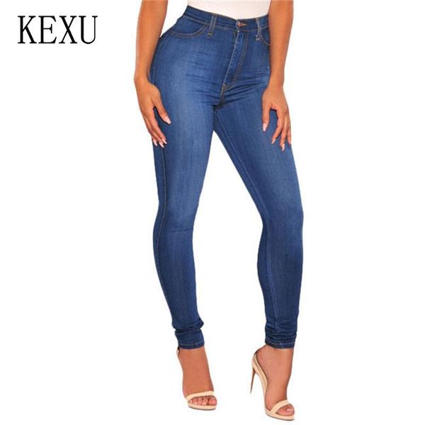 

women high waist jeans casual skinny plus size denim pants women's, Blue
