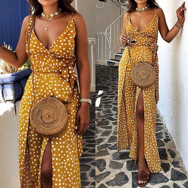 

women's jumpsuits & rompers celmia sleeveless women elegant straps casual loose v-neck dot printed high slit wide leg pants belted over, Black;white
