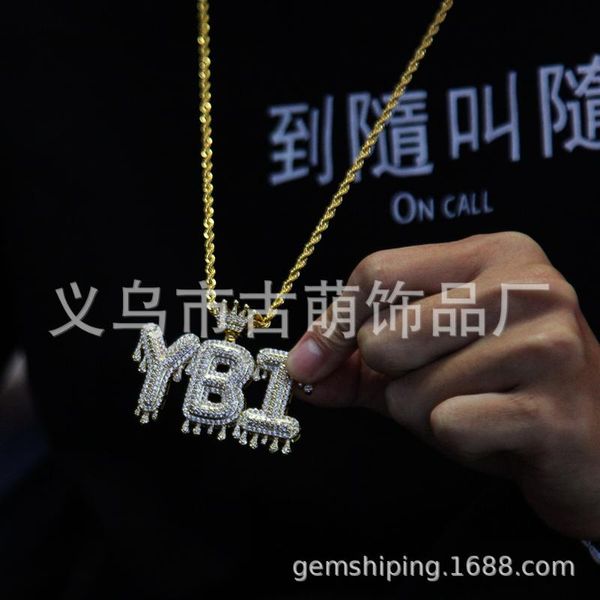 

bangle hip hop pendant necklace with mosaic crown water drop letters, Black