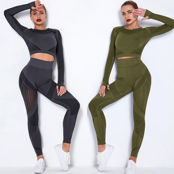 

yoga outfit seamless women set workout sportswear gym clothing fitness long sleeve crop high waist running leggings sports suits