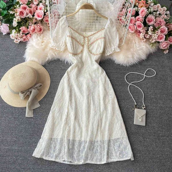 

two piece dress french romance lace women summer short-sleeved midi 2021 elegant floral embrodered high waist a-line party es qn9h, White