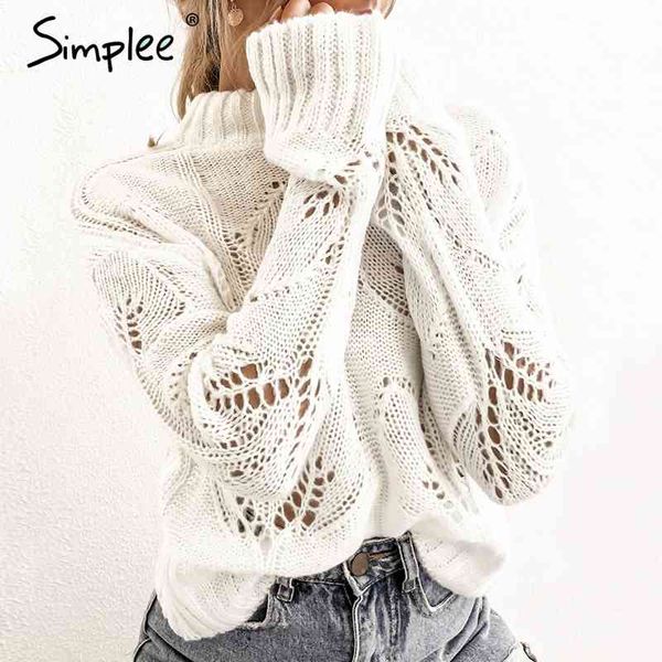 

turtleneck crohect hollow out women pullover sweater autumn winter casual female jumper streetwear ladies overalls 210414, White;black