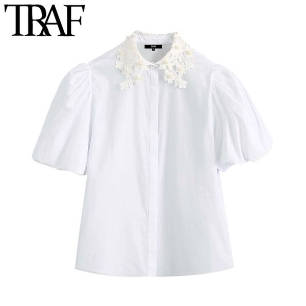 

traf women sweet fashion faux pearl beading white blouses vintage lapel collar puff sleeve female shirts chic 210415