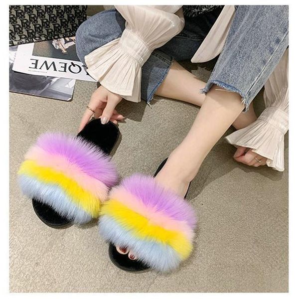 

summer real fur slides woman plush slippers ladies fashion raccoon flip flops female fluffy sandals beach shoes, Black