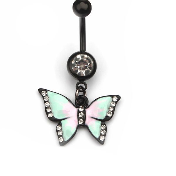 

d0765f butterfly belly navel button ring clear stone with black body, Silver