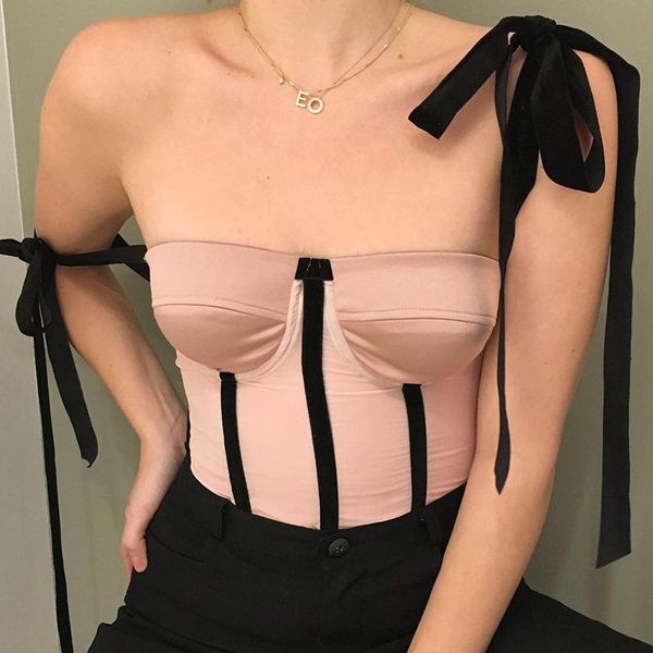 

women's tanks & camis summer fashion design mesh color contrast one neck bandage open back slim vest sweet street style party club smal, White