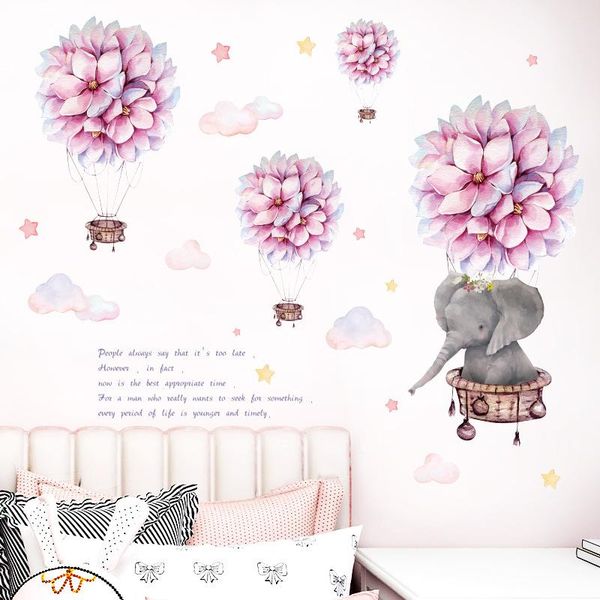 

wall stickers beautiful pink flower air balloon cartoon elephant for kids room baby nursery decoration decals pvc