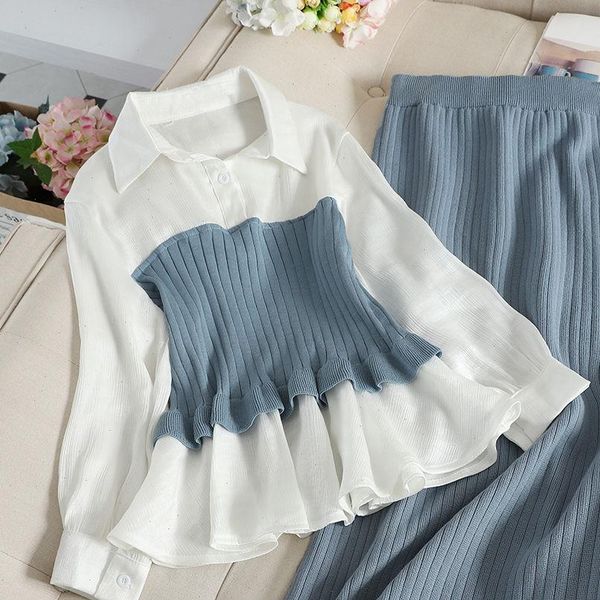 

women tracksuits autumn fashion two piece set blouse patchwork pullover knitwear and split slim knit mid skirt suits, Gray