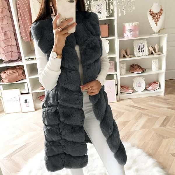 

women's fur & faux women coat autumn imitation long vest padded plush winter fashion slim, Black