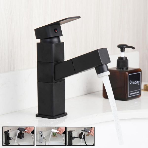 

stainless steel bathroom basin mixer faucet deck mounted chrome polish pull out stream spray & cold matte black sink faucets