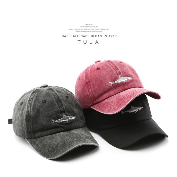 

ball caps europe and america cross border mens sports leisure washed-out distressed shark baseball cap street fashion trends womens sun-poof, Blue;gray