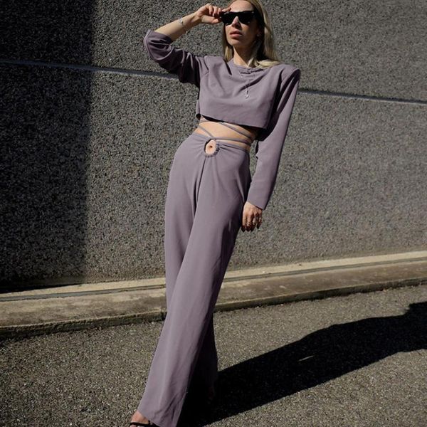 

women's two piece pants autumn pieces sets long sleeve crop t-shirt wide leg lace up midriff pant o-neck solid women, White