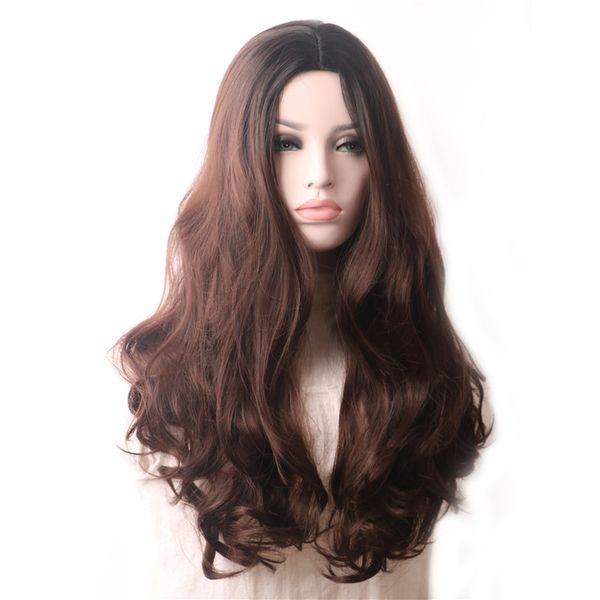 

woodfestival brown natrue wave wig middle hairline synthetic hair colored long daily wear wigs for women curly, Black