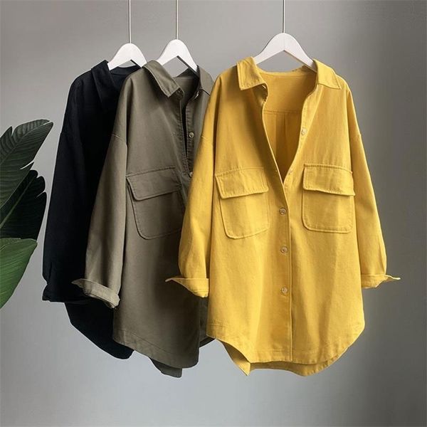 

spring autumn korea fashion women long sleeve turn-down collar loose shirts double pocket cotton blouses femme v57 210512, White