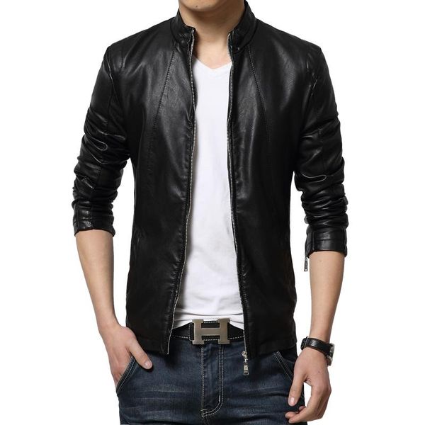

men's fur & faux pu jaqueta de couro masculina nice tideway korean slim fit stand collar leather jacket men fashion plus size man coat, Black