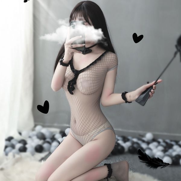 

underwear uniform rabbit girl open mesh clothes cute lapel tempting one-piece socks, Black;white