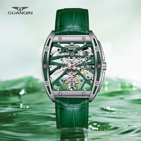 

wristwatches guanqin men's watches mens 2021 automatic mechanical watch tourbillon leather male skeleton relogio, Slivery;brown