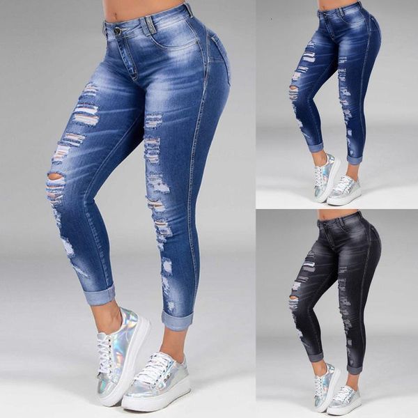 

women's jeans women fashion casual pants slim fit high waist female ripped hole fringe tight denim trousers vaqueros mujer#35 l35a, Blue
