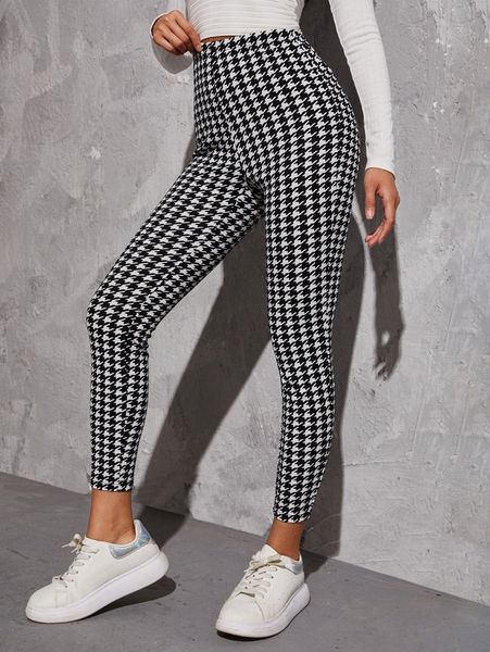 

petite houndstooth print high waist leggings m95v#, Black