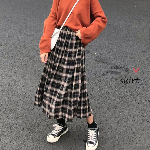 

skirts women pleated long skirt high wasit plaid streetwear saias longo autumn spring vintage preppy style midi gd328, Black