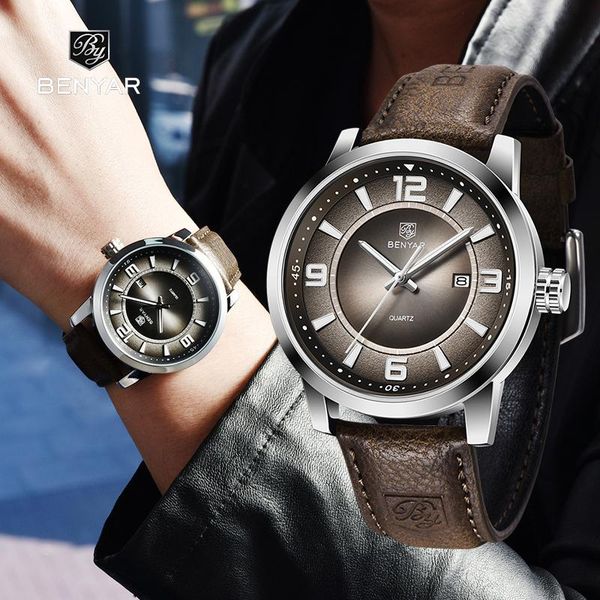 

wristwatches 2021 stainless steel case stylish classic men watch simple quartz leather band for benyar clock relogio masculino, Slivery;brown