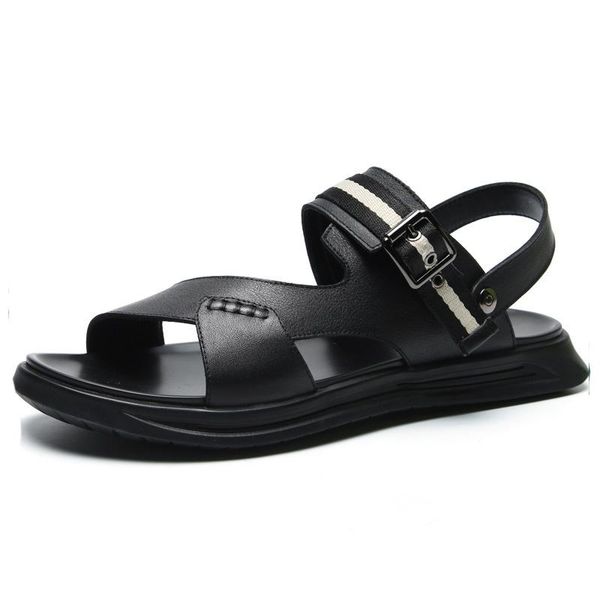 

sandals summer genuine leather casual soft bottom mens slippers gladiator cowhide, Black