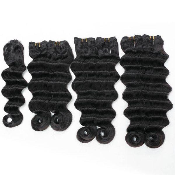 

human ponytails loose wave hair bundles with closure synthetic extensions 7pcs/pack 14'' 16'' 18'' inches off, Black